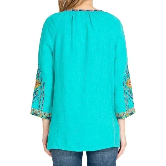 Johnny Was Linen Sentrie Peasant Blouse Floral Embroidered Blue 3/4 Sleeve XXL - Picture 13 of 16